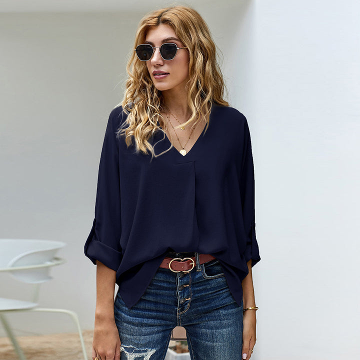 Damen Bluse mit V-Ausschnitt und lässigen langen Ärmeln Drune
