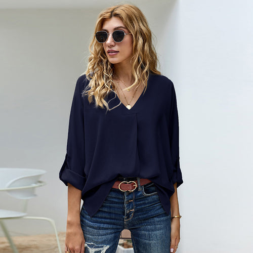 Damen Bluse mit V-Ausschnitt und lässigen langen Ärmeln Drune
