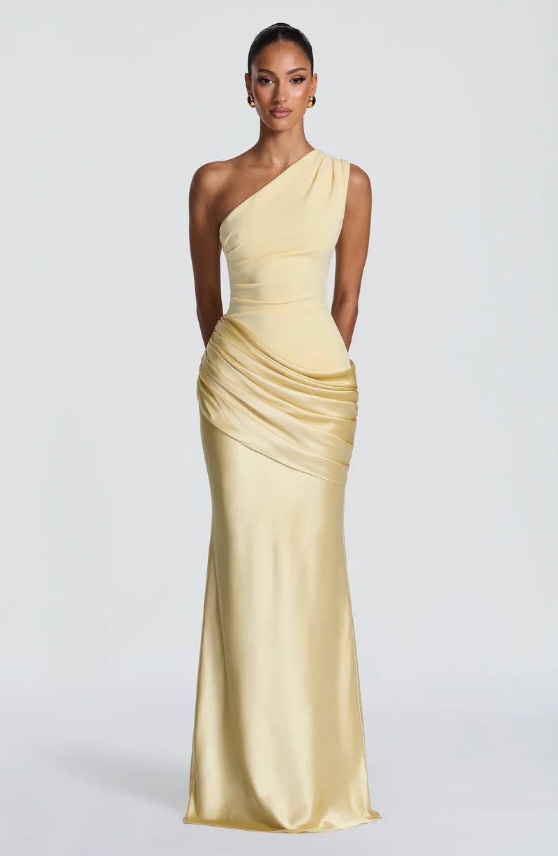 Damen Elegantes One-Shoulder Maxikleid mit fließenden Drapierungen Drune