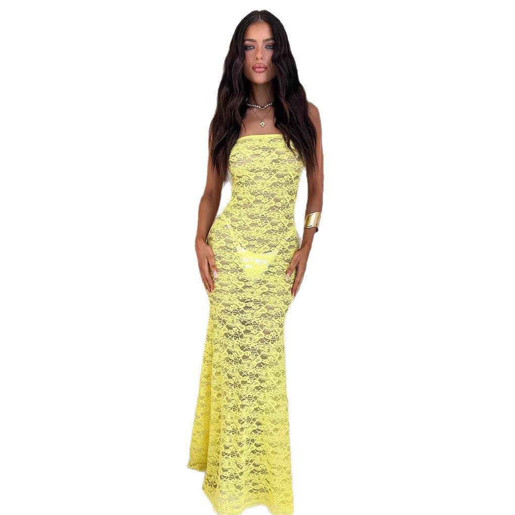 Damen Elegantes Spitzenmaxikleid mit figurbetonter Silhouette und schulterfreiem Design Drune