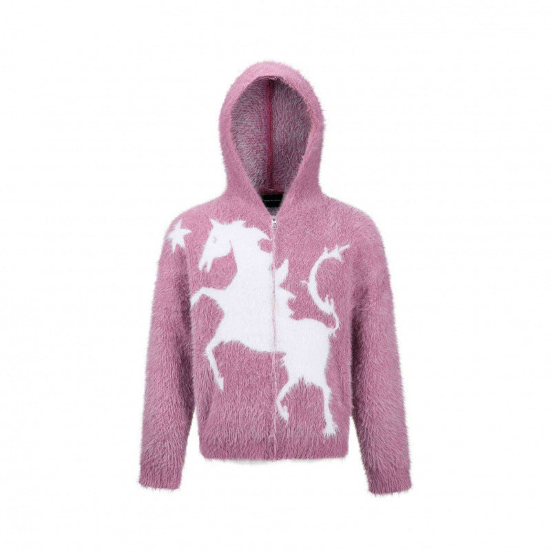 Unisex Flauschiger Kapuzenpullover mit Einhorn-Motiv und durchgehendem Reißverschluss Drune