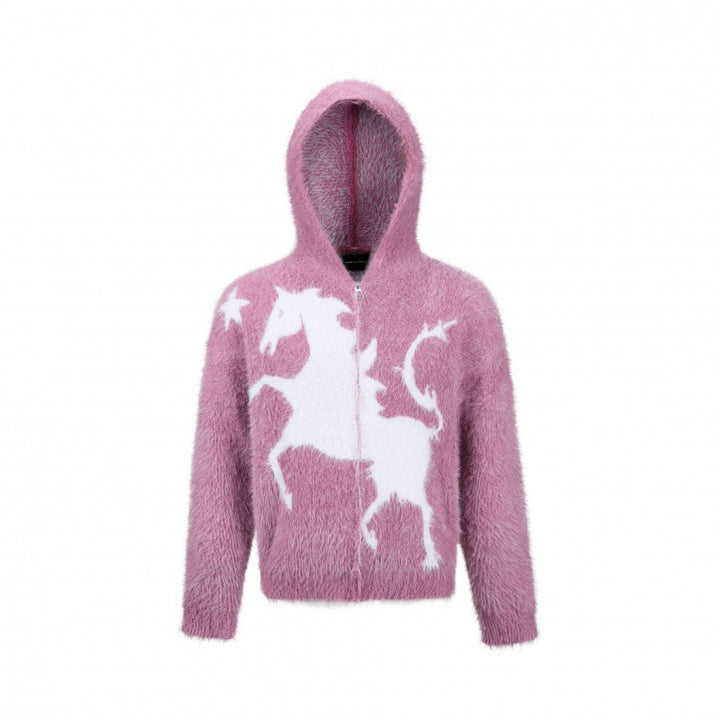 Unisex Flauschiger Kapuzenpullover mit Einhorn-Motiv und durchgehendem Reißverschluss Drune