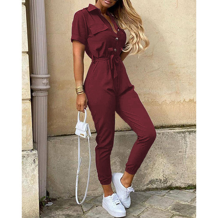 Damen Kurzarm-Utility-Overall mit Taillenbindegürtel und schmalem Joggerbein Drune