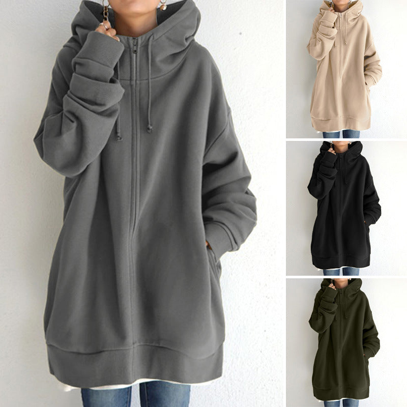 Damen nan oversized Kapuzenlongpullover mit Reißverschluss und Eingrifftaschen Drune