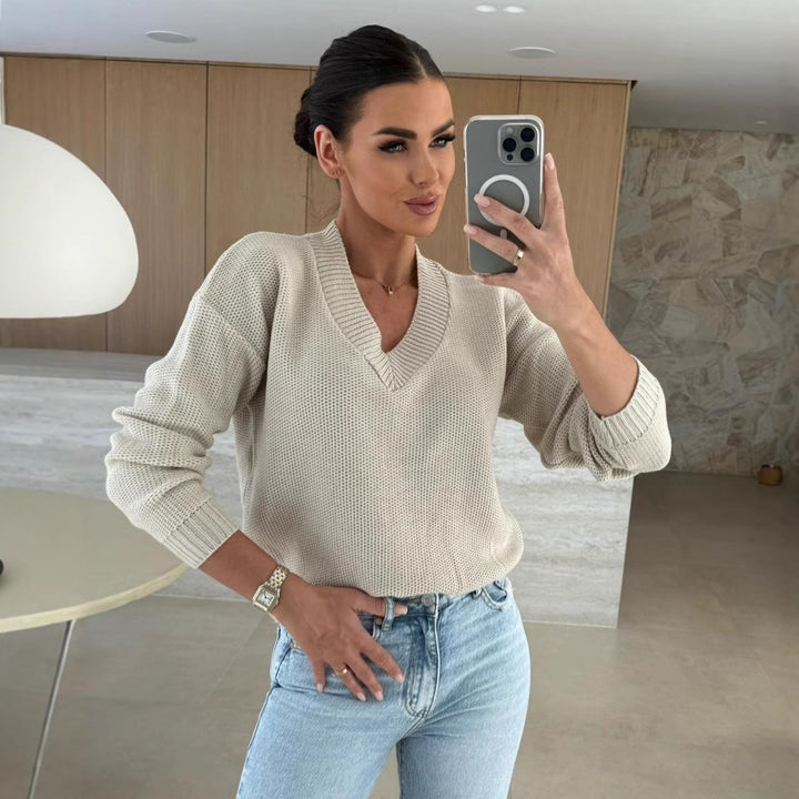 Damen luftiger Strickpullover mit modernem V-Ausschnitt und strukturiertem Design Drune