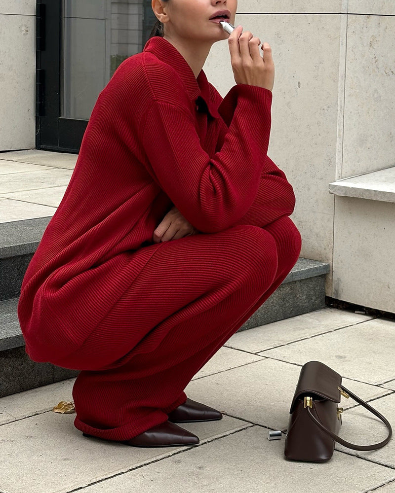 Drune | Einreihige Gerippte Strickjacke und Lockere Hosen Satz
