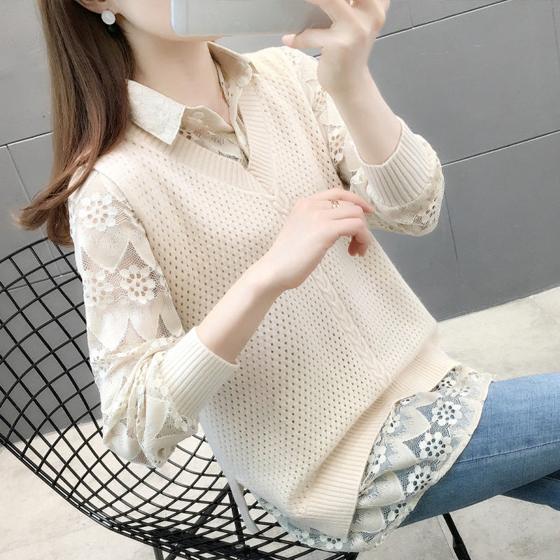 Damen Verspielter Strickpullover mit Spitzenapplikation Drune