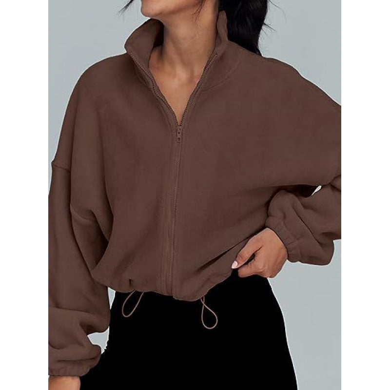 Damen trendy Oversize-Zip-Pullover mit hohem Kragen und Kordelzug Drune