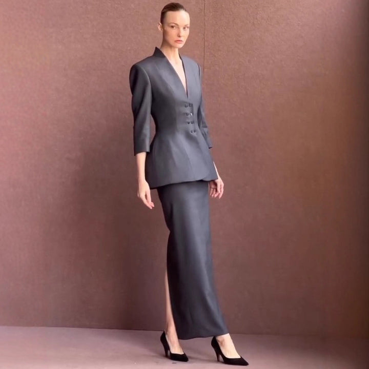 Damen Taillierter Peplum‑Blazer mit betonter Taille und tiefem V‑Ausschnitt Drune