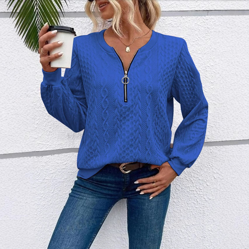 Damen grob strukturiertes Strickpullover mit Kabelmuster, halber Reißverschluss und Ballonärmel Drune