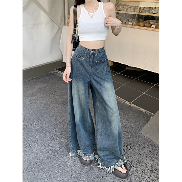 Damen Weite Jeanshose mit fransigem Saum Drune