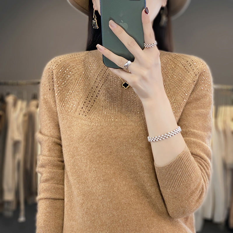 Damen Weicher Kaschmir‑Optik Feinstrickpullover mit Ajour‑Yoke und Paillettenbesatz Drune