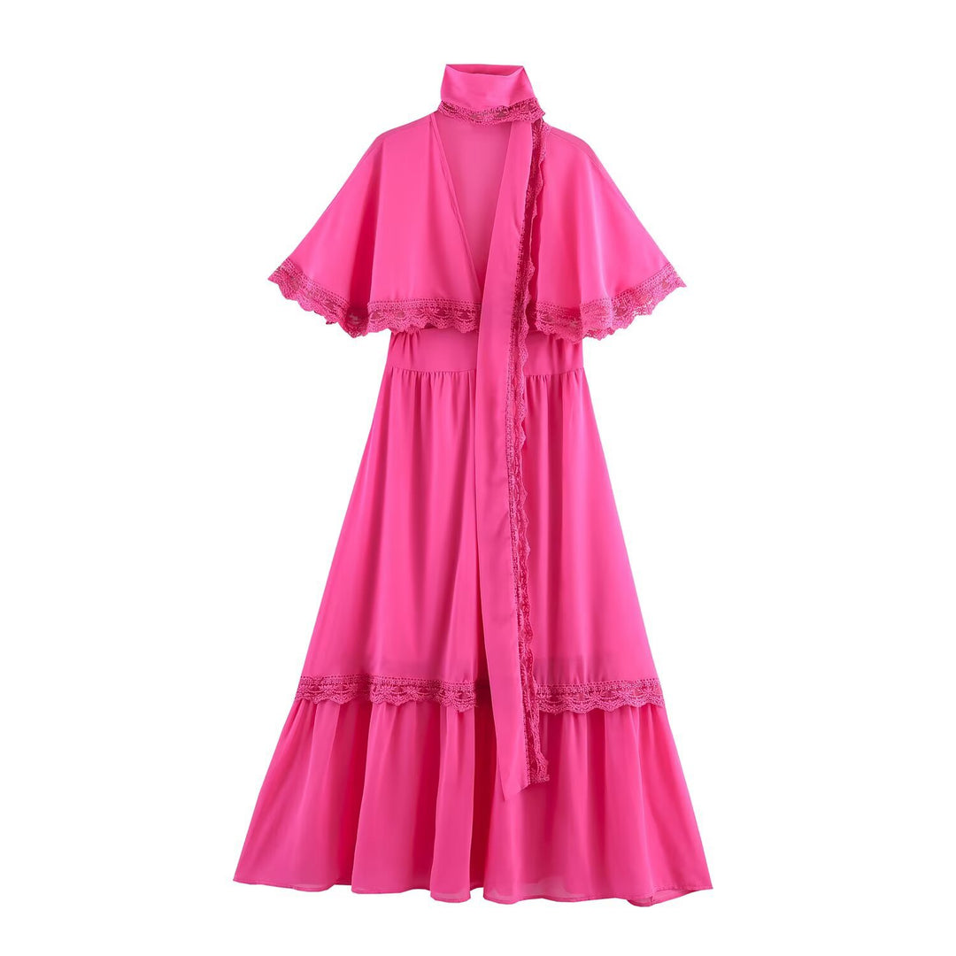 Damen Maxikleid mit Capelet, Stehkragen und Spitzenverzierung Drune