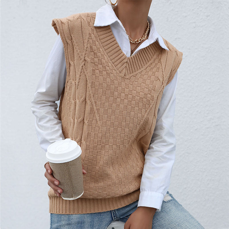 Damen Strick-Weste mit V‑Ausschnitt, Zopfmuster und lässiger Oversize-Silhouette Drune