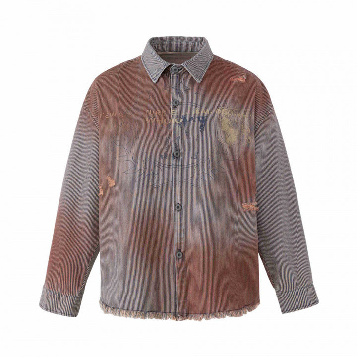 Unisex Kastenförmige Overshirtjacke aus Feincord mit Used‑Effekt, Fransen und Knopfleiste Drune