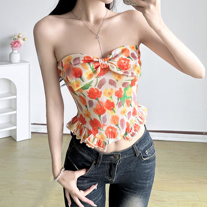 Damen Bustier-Top mit floralem Glitzerdesign und Rüschensaum Drune