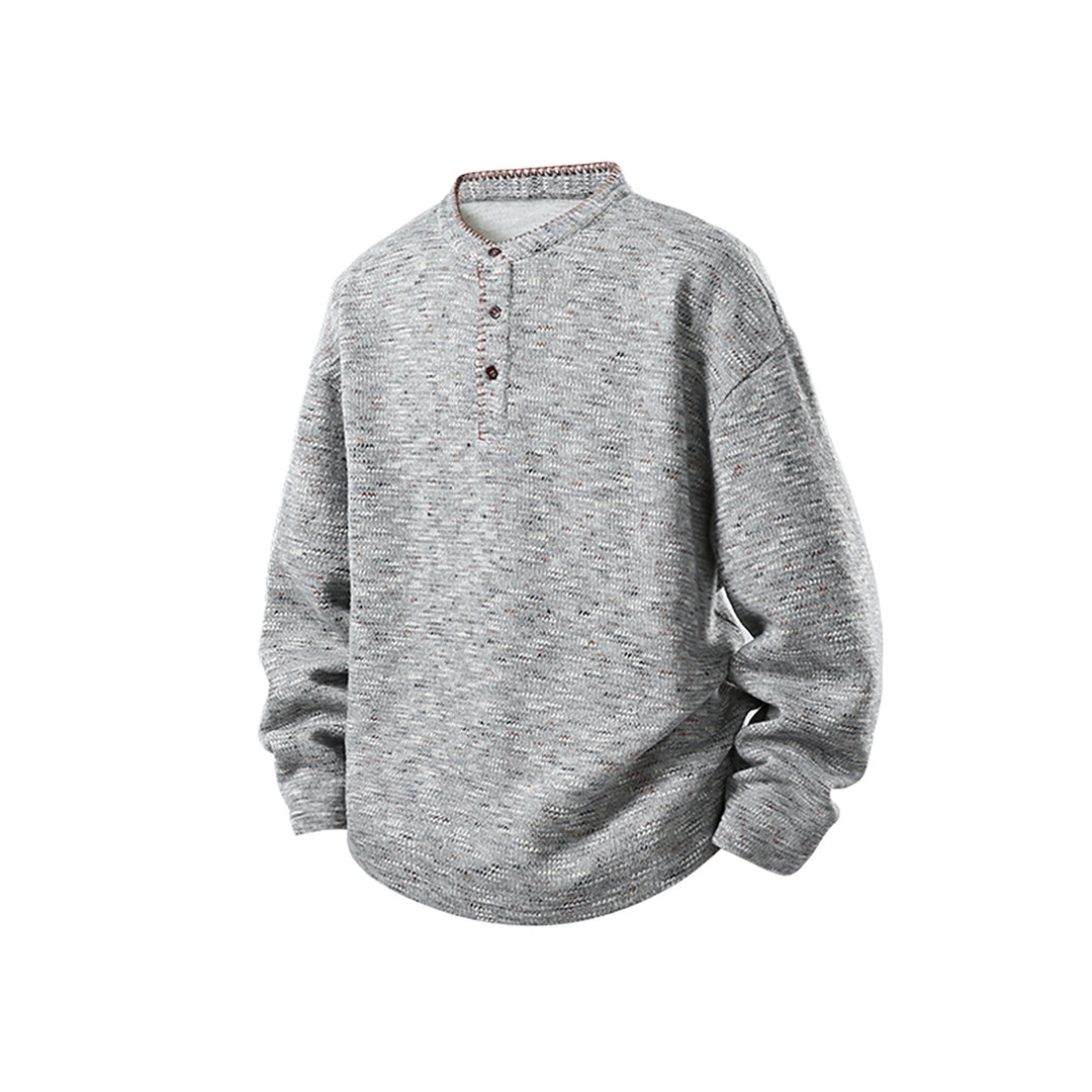 Herren Melierter Strick-Henley-Pullover mit Stehkragen, lockerer Passform und Knopfleiste Drune