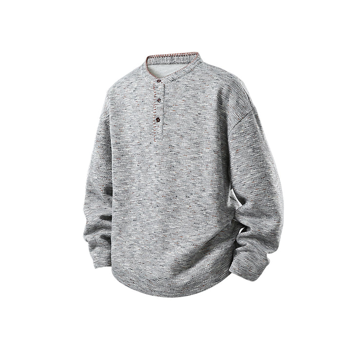 Herren Melierter Strick-Henley-Pullover mit Stehkragen, lockerer Passform und Knopfleiste Drune