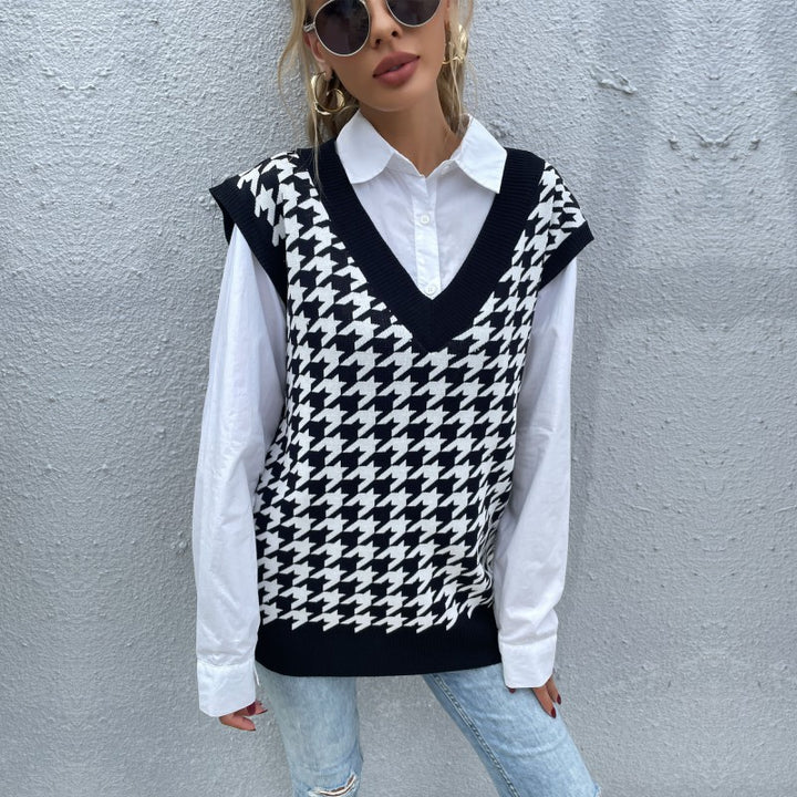 Damen Oversize Strickweste mit Hahnentrittmuster und V-Ausschnitt Drune