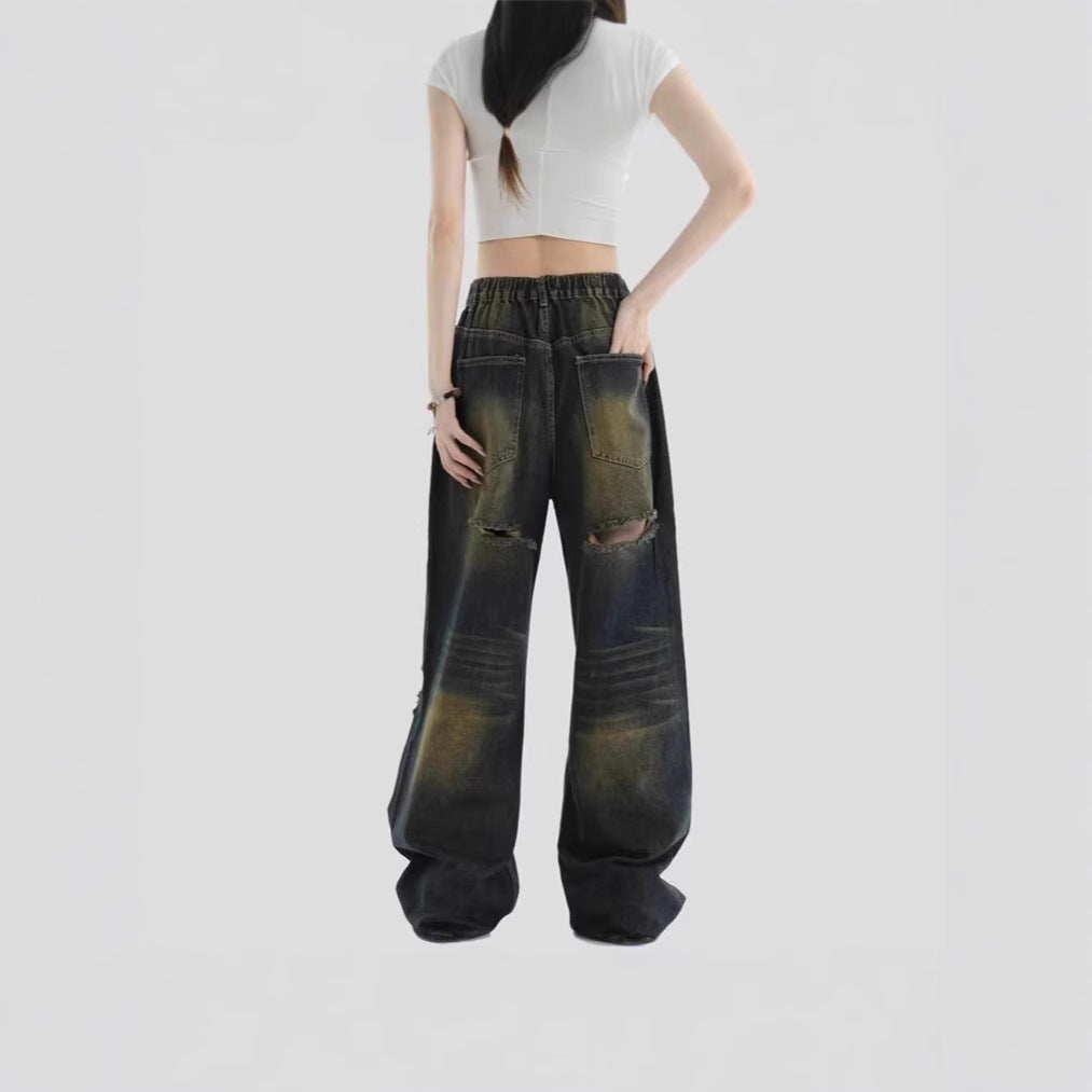 Damen Modische Weitbeinjeans mit zerrissenen Details Drune
