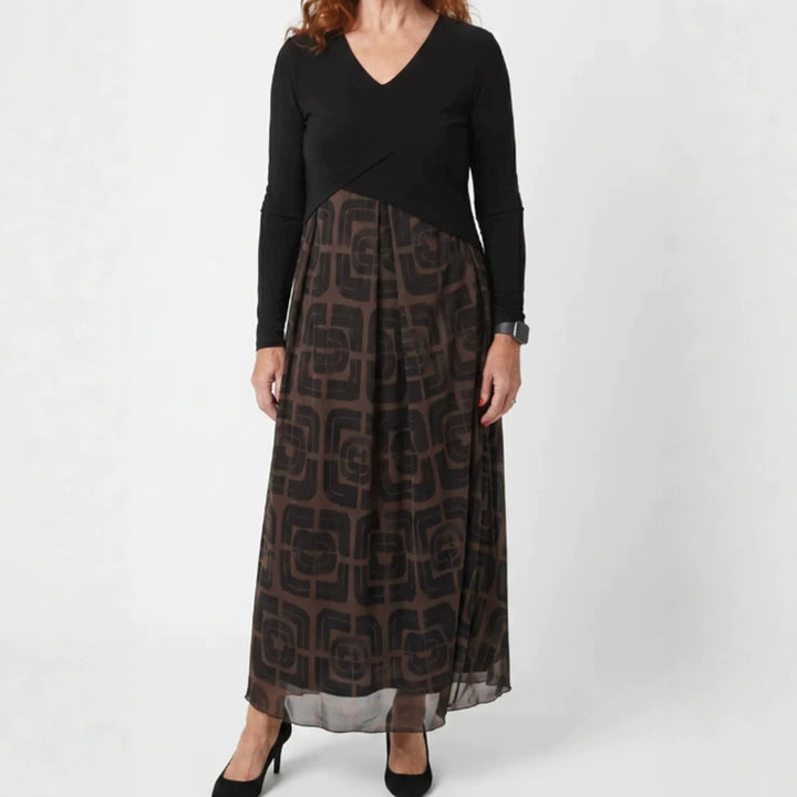 Damen nan V-Ausschnitt Maxikleid mit tailliertem Wickeloberteil und transparentem gemustertem Overlayrock Drune