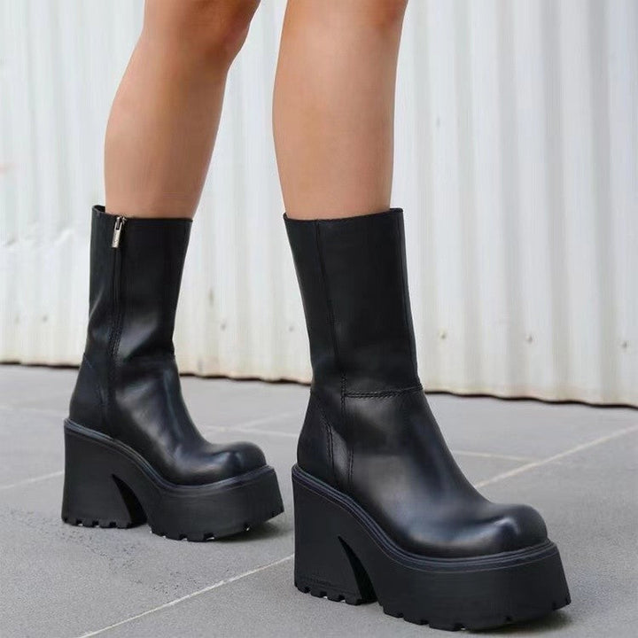 Damen Plateau-Stiefel mit hohem Blockabsatz und modischem Reißverschluss Drune