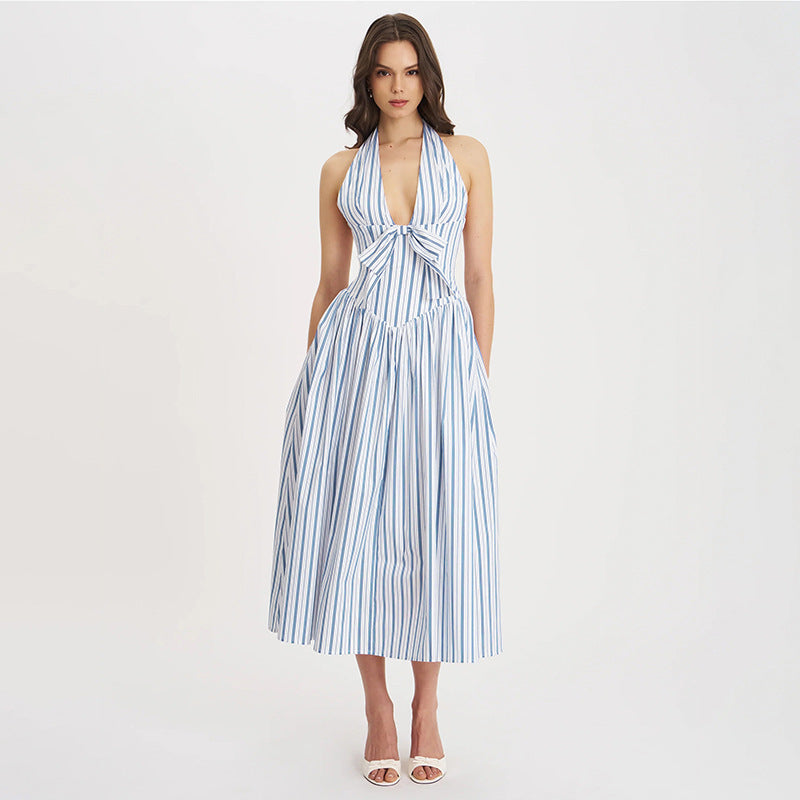Damen Maxi-Kleid mit lässigem Halterneck und verspieltem Bogen Drune