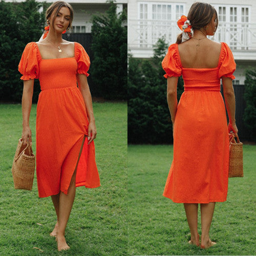 Damen Midikleid mit Puffärmeln und seitlichem Schlitz Drune