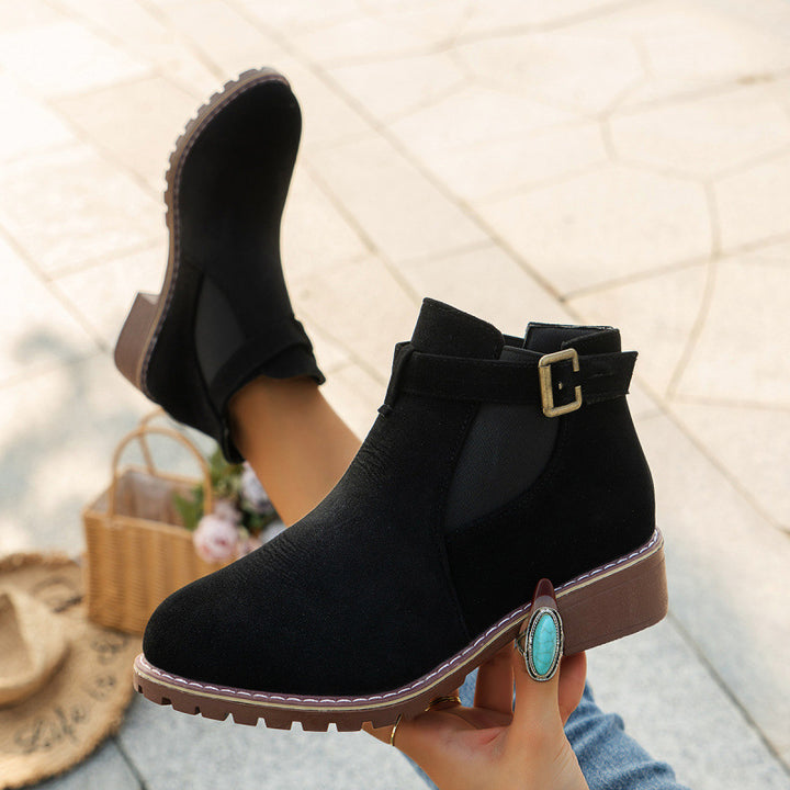 Damen kurze Ankle-Boots im Vintage-Velours-Look mit Schnallenriemen und profilierter Gummisohle Drune