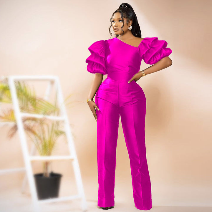 Damen Eleganter Jumpsuit mit asymmetrischen Puffärmeln Drune