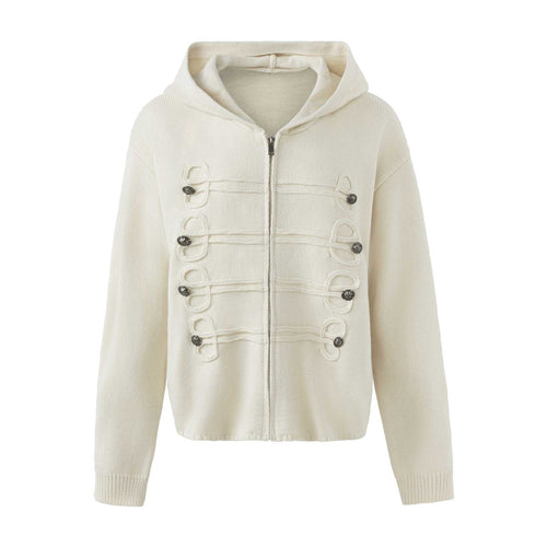 Damen Kapuzen-Strickjacke mit militärischen Zierknöpfen und Reißverschluss Drune