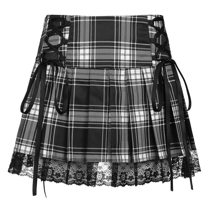 Damen karierter Minirock mit Spitzenabschluss und Schnürdetails Drune