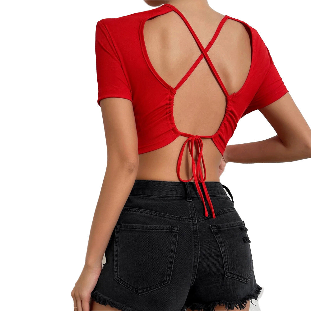 Damen cropped Oberteil mit dekorativen Rückenbindebändern Drune