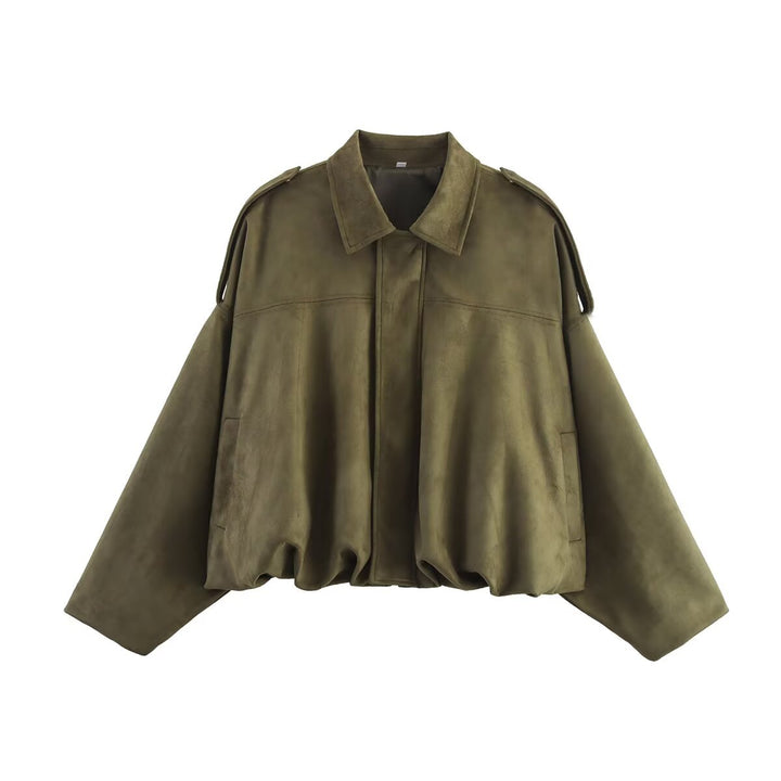 Damen Oversized Cropped Jacke in Wildlederoptik mit Cut-Out-Schultern und Tunnelzugsaum Drune