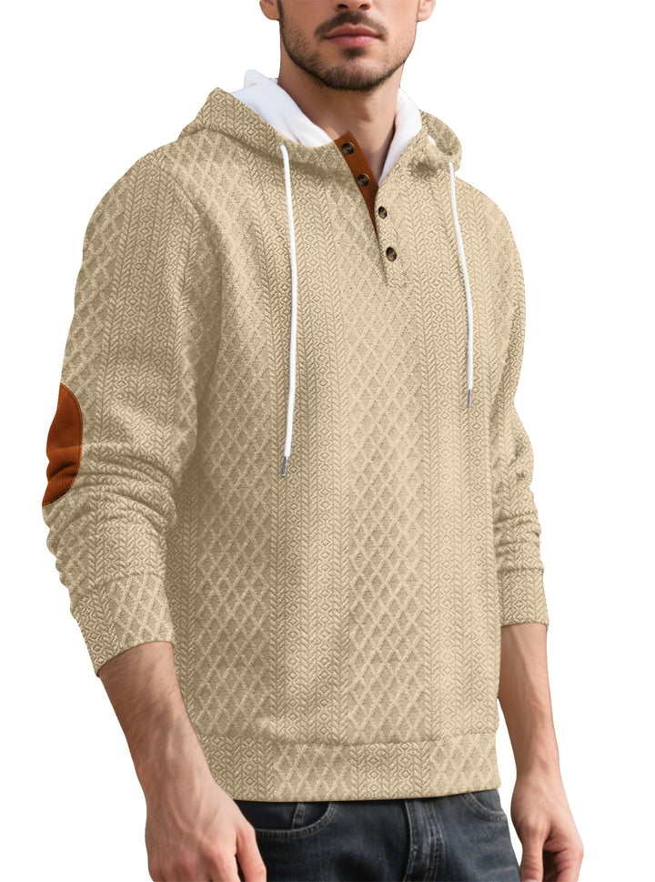 Herren nan Diamond-Struktur Kapuzenpullover mit Kurzknopfleiste, gesteppter Kapuzeninnenkante und Wildleder-Ellbogenpatch Drune