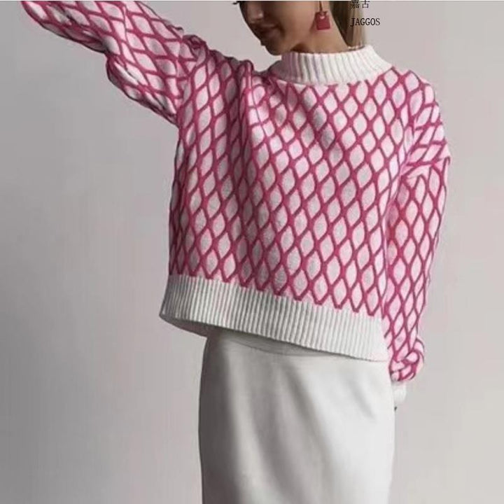 Damen Oversize Strickpullover mit Rautenmuster und Stehkragen Drune