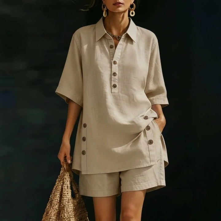 Damen nan luftiges Leinenoptik-Zweiteiler mit Oversize-Hemdbluse, Knopfleiste und Bermuda-Shorts Drune