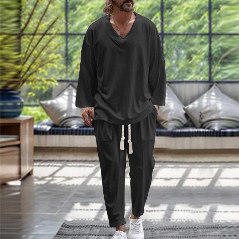 Herren Lässiges Lounge-Set aus Baumwollmix mit V-Ausschnitt und Kordelbundhose Drune