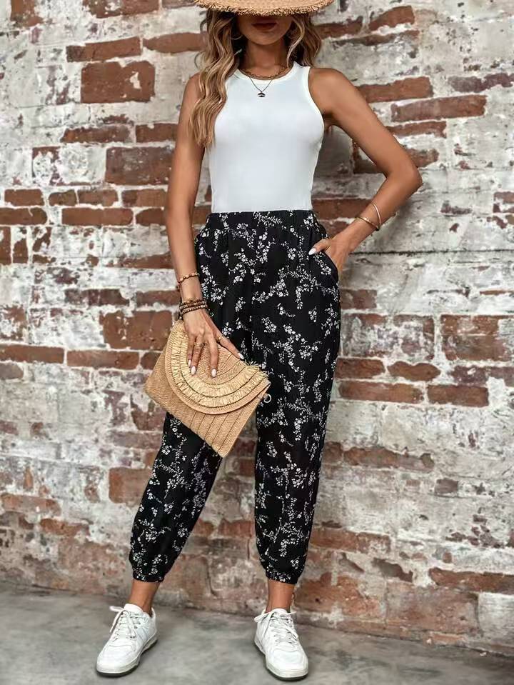 Damen Komfortable Blumenmuster Jogginghose Drune