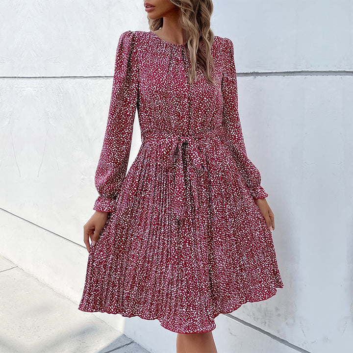 Damen Midi-Kleid mit Taillengürtel und Punkten Drune