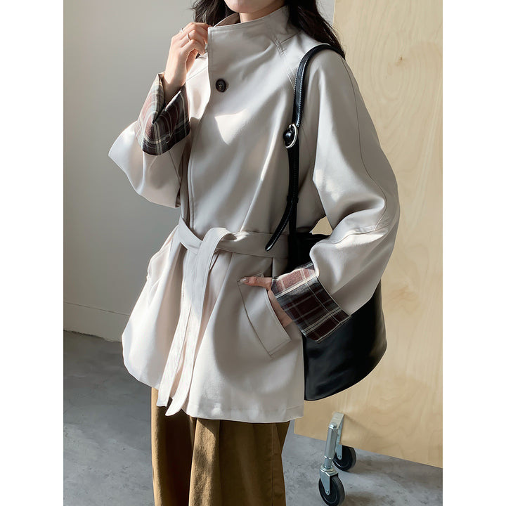 Damen Oversize Trenchcoat mit Taillengürtel und karierter Ärmelaufschlag Drune