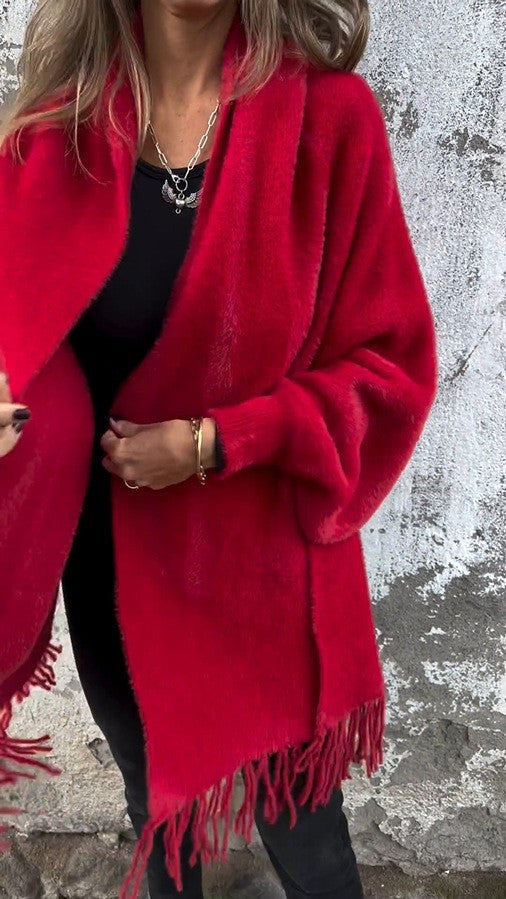 Damen nan langer kuscheliger Fransen-Cardigan mit Schalkragen und Oversize-Passform Drune