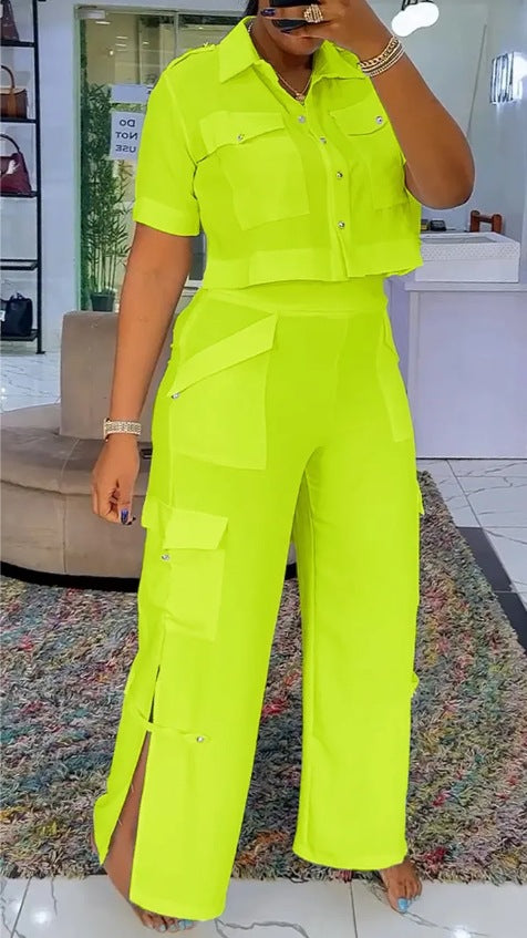 Damen nan zweiteiliges Hemd- und Cargo-Hosen-Set mit kurzem Oversize-Hemd, hoher Taille, weitem Bein und seitlichen Beinschlitzen Drune