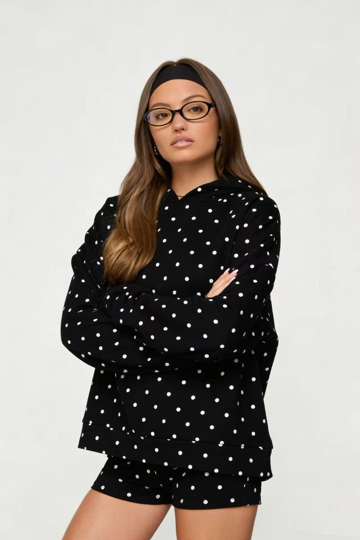 Damen nan gepunktetes Komfort-Set mit Kapuzensweatshirt, Kängurutasche und Shorts Drune