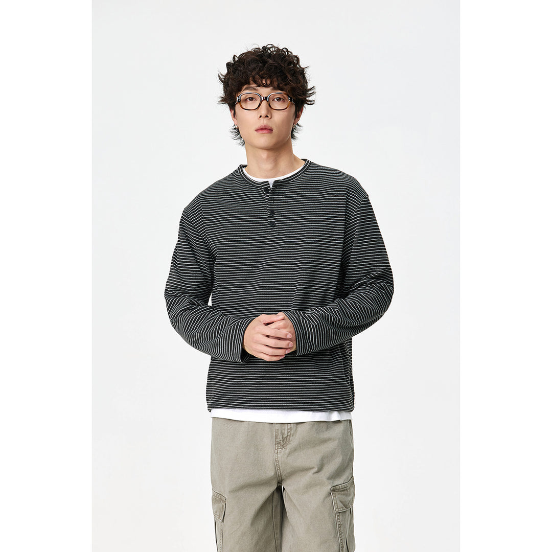 Unisex Gestreiftes Henley-Langarmshirt im Oversize-Relaxed-Schnitt mit Knopfleiste Drune