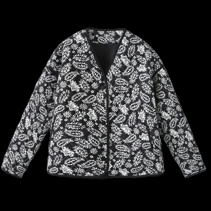 Damen Steppjacke mit Paisley‑Muster, V‑Ausschnitt und kontrastierender Paspelierung Drune