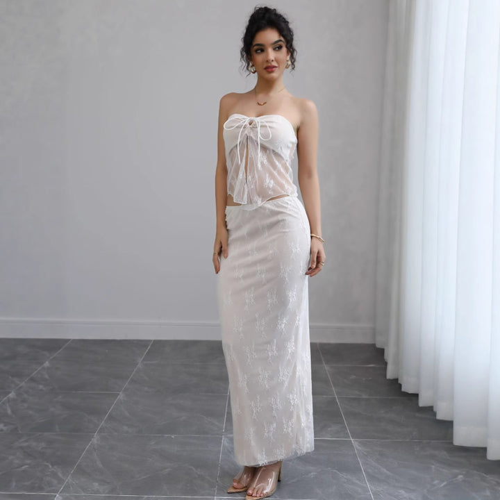 Damen Off-Shoulder Maxikleid mit feiner Spitze und elegantem Bund Drune