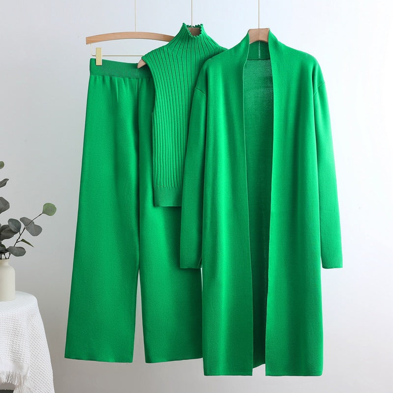 Damen gemütliches Strick-Loungewear-Set mit langem Cardigan und Rippenshirts Drune