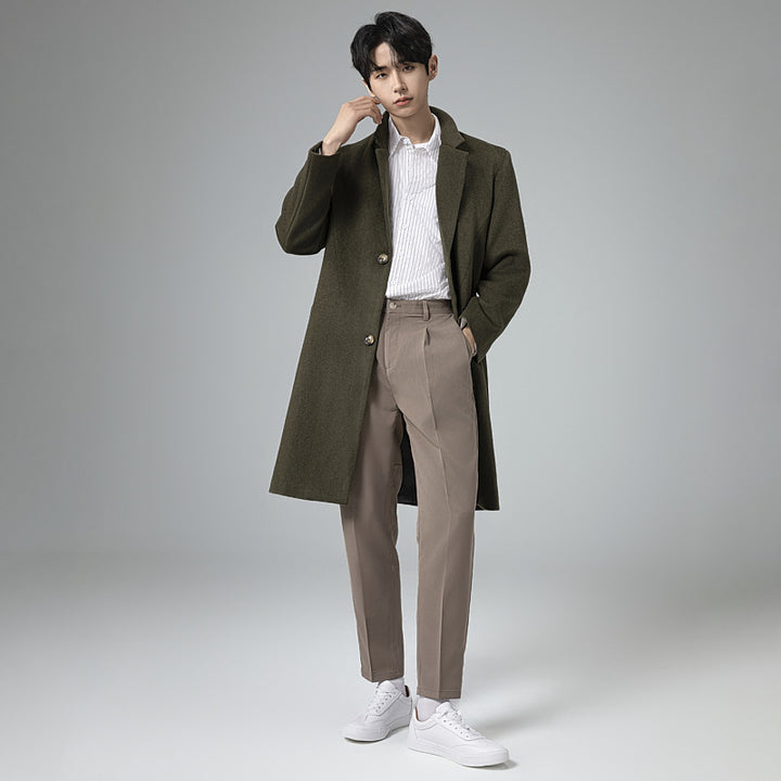 Herren Eleganter Longline-Wollmantel mit minimalistischem Revers und taillierter Silhouette Drune