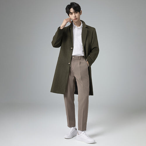 Herren Eleganter Longline-Wollmantel mit minimalistischem Revers und taillierter Silhouette Drune